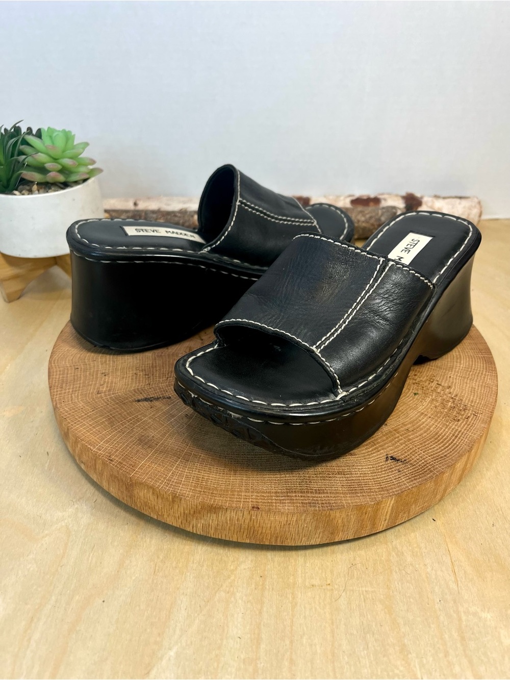Steve Madden Vintage Ignite Platform Wedge Slides - Black Leather - Size 6.5B - Picture 5 of 16